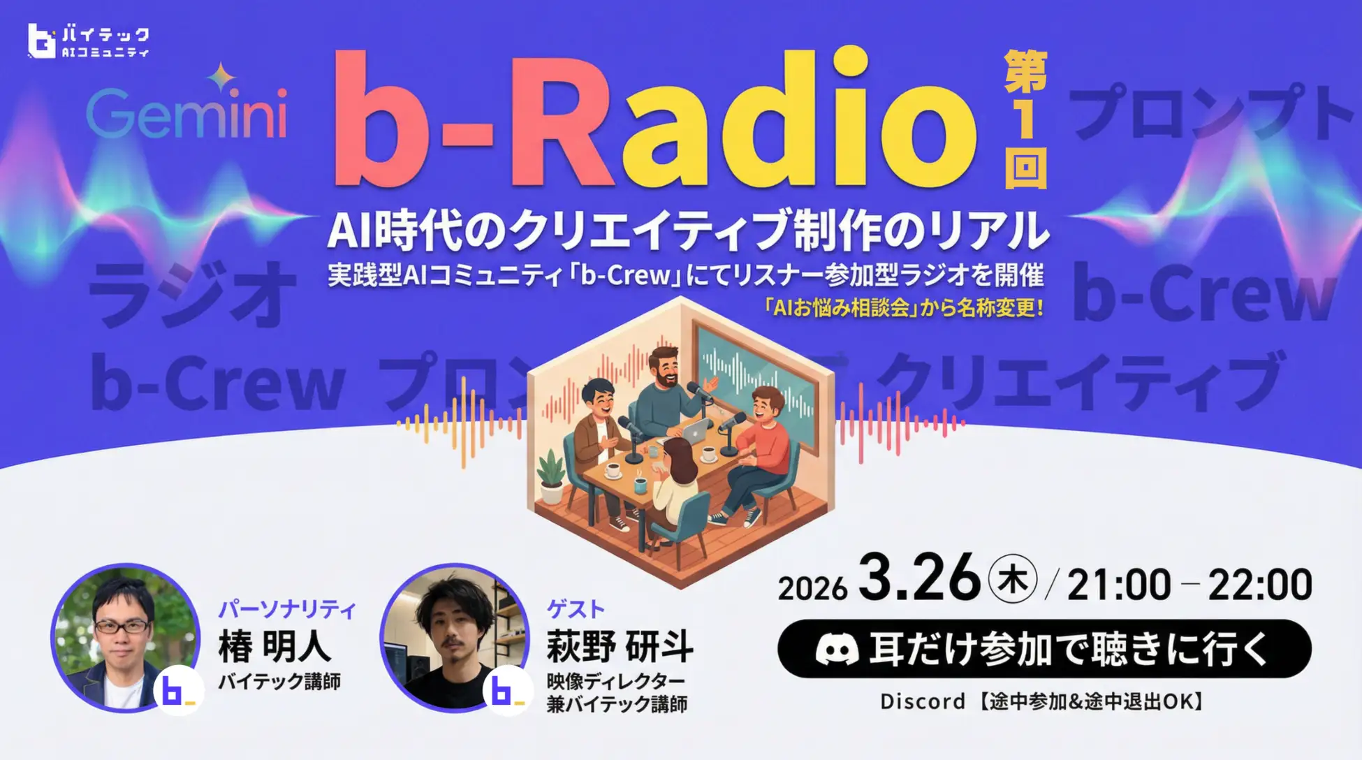 実践型AIコミュニティ「b-Crew」にて、リスナー参加型ラジオ「b-Radio」第1回を開催